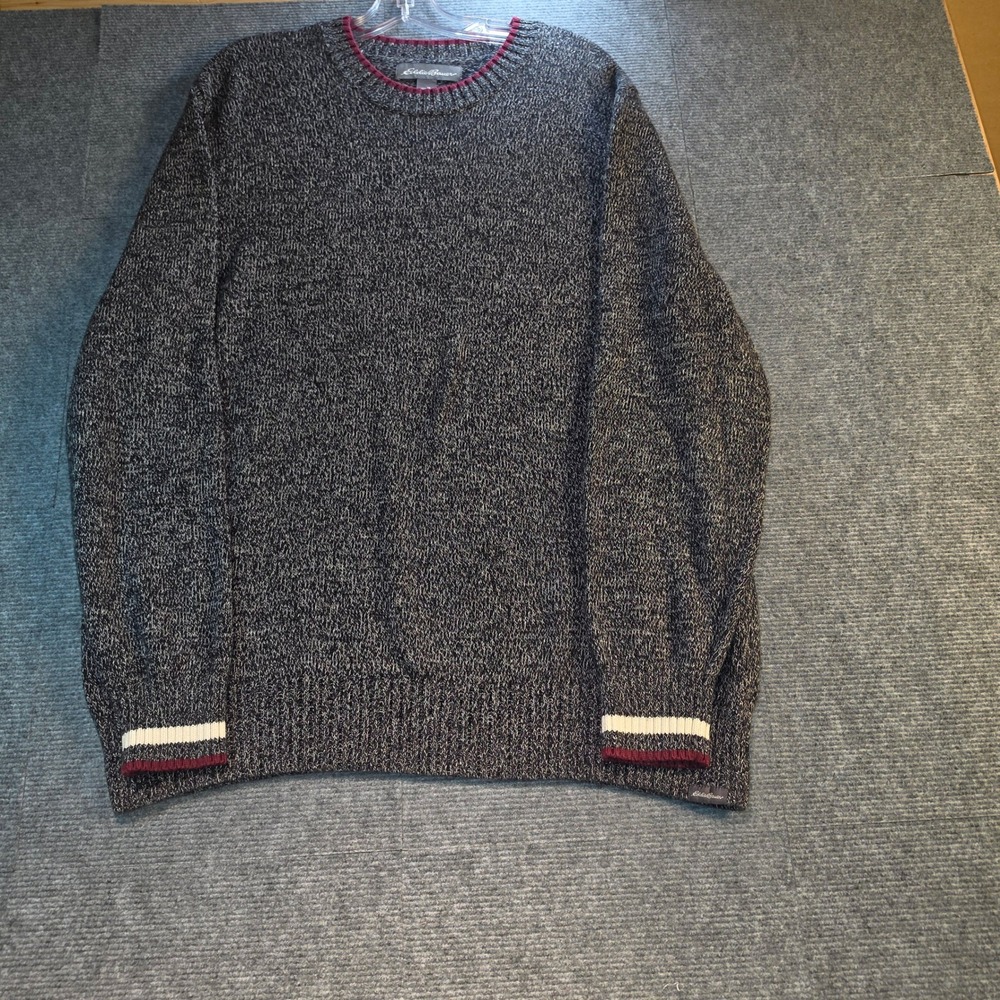 Eddie Bauer Sweater Mens XL Gray Marled Cotton Crewneck Striped Cuff Excellent